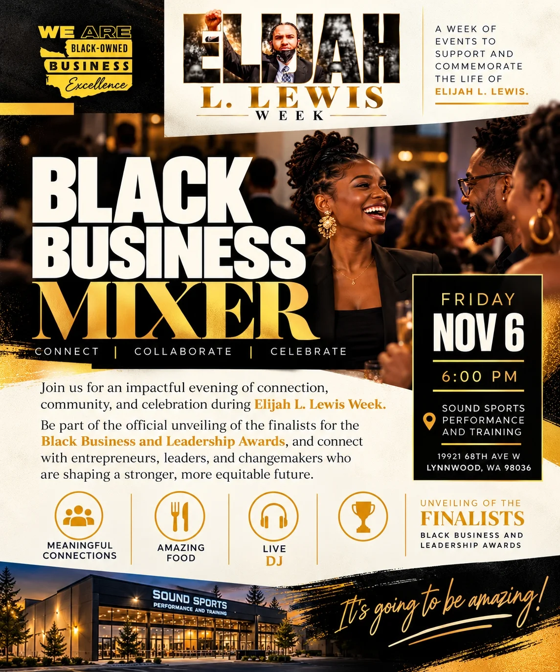 BOBE Black Business Mixer flyer: Friday, November 6, 6:00 PM at Sound Sports Performance and Training, 19921 68th Ave W, Lynnwood.