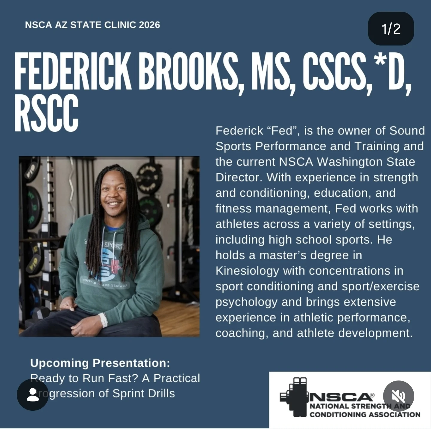 NSCA Arizona State Clinic 2026 speaker announcement for Federick Brooks: Ready to Run Fast? A Practical Progression of Sprint Drills.
